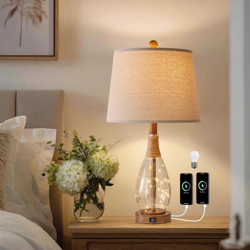 OYEARS Wood-Like Bedside Table Lamp with USB, Farmhouse Nightstand Lamps for Bedroom, Retro Rattan Table Lamps for Night Stands, Living Room, Boho Table Lamp with Glass Nightlight Lamps, Bulb Included - Image 1